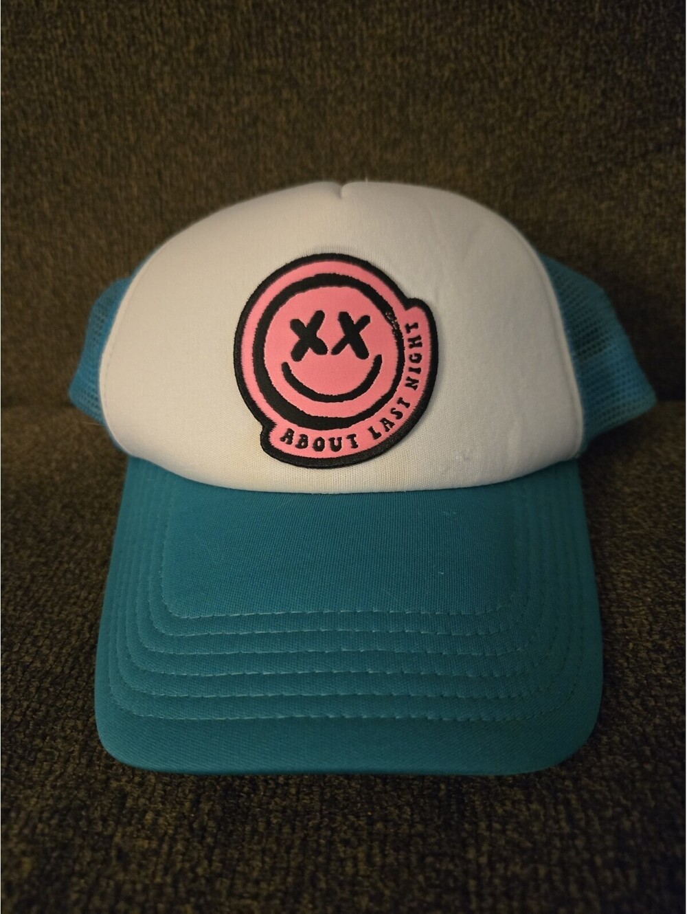 Vintage 'About Last Night' Trucker Hat Pink Smiley Face White Teal Mesh Cap 90s